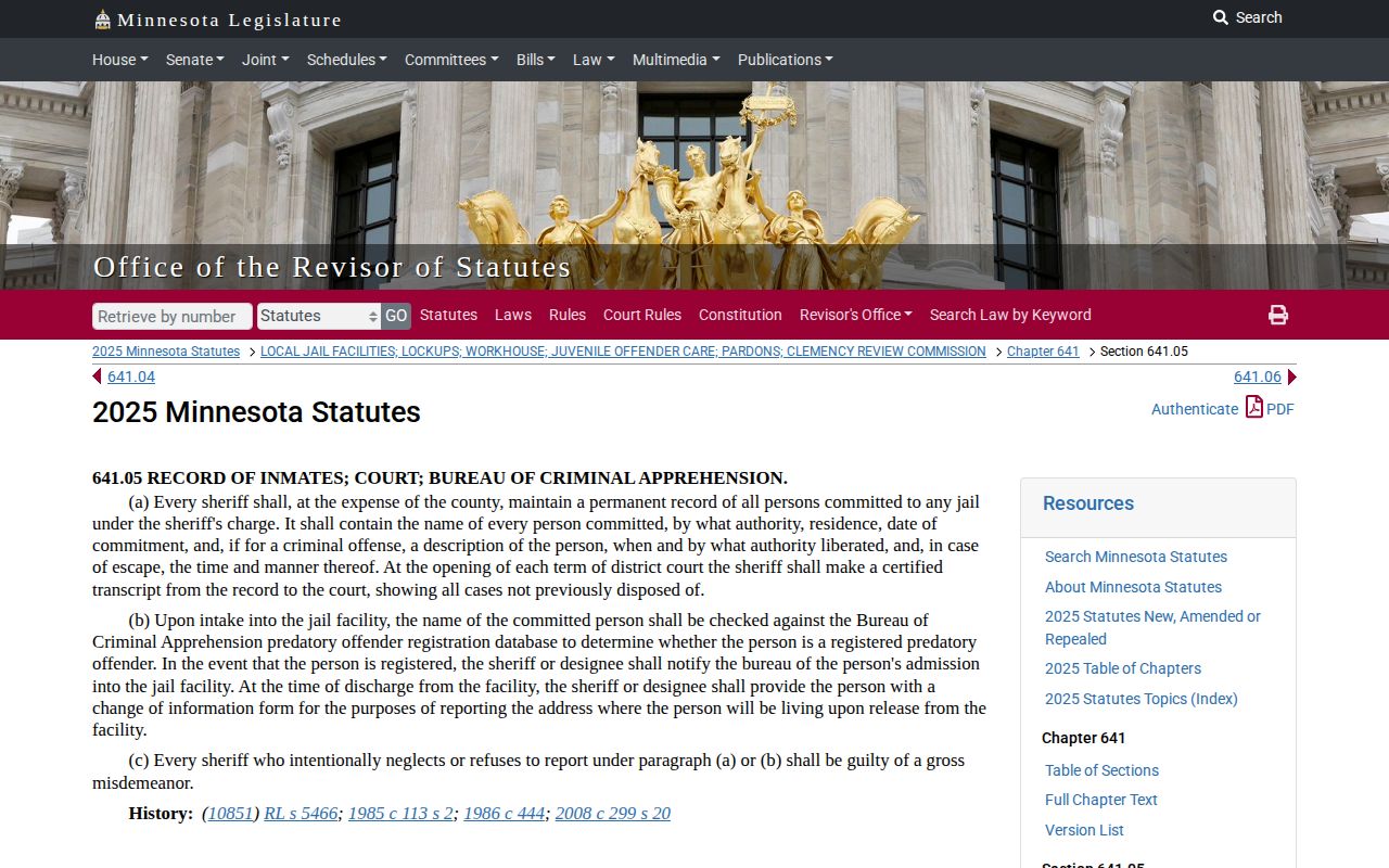 Murray County historical jail record reference under Minnesota Statutes section 641.05